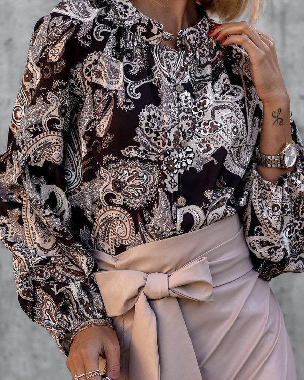 Women's Printed Pleated long sleeve blouse