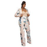 Women's Print Casual Blazer Suits Two Piece Set with Belt