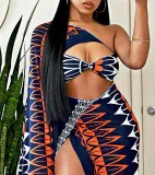 Colorful Print slash shoulder Cutout Slit Dress