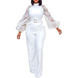 summer mesh puff sleeves solid color chic plus size jumpsuit with belt