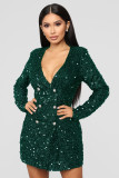 Women Sexy Black Sequins double breasted long sleeve career dress