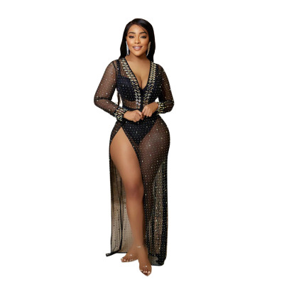 Fashion Sexy See Through Deep V-neck Split beaded Dress Without Underwear