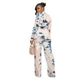 Women's Print Casual Blazer Suits Two Piece Set with Belt
