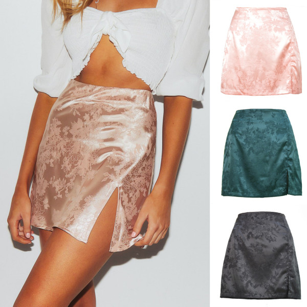 Spring and summer women's split skirt sexy satin high waist zipper skirt