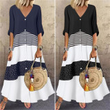 Summer V-Neck Short Sleeve Printed Long Dress Button Casual Dress