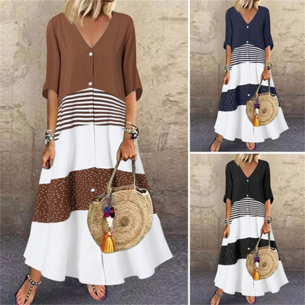 Summer V-Neck Short Sleeve Printed Long Dress Button Casual Dress