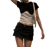 Summer Women's Fashion Round Neck Short Sleeve Design Contrast Color Slim Fit Cropped Cropped T-Shirt