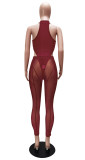 Women's Solid Color Round Neck Vest Bodysuit Sexy Mesh See-through Tight Two-piece Set