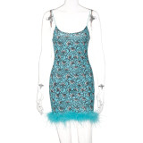 Women's Summer Flower Print U-Neck Tight Backless Waist Thin Sling Dress
