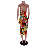 Women's Nightclub Fashion Print Tie Irregular Slit Dress