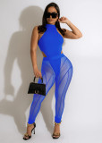 Women's Solid Color Round Neck Vest Bodysuit Sexy Mesh See-through Tight Two-piece Set