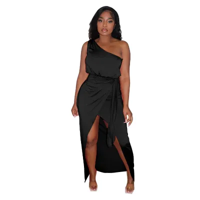 Women's Solid Color Slash Shoulder Slim Dress Irregular Skirt