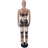 Women's Fashion Sexy Suspender V-Neck Petal Positioning Print Trousers Two-piece Set