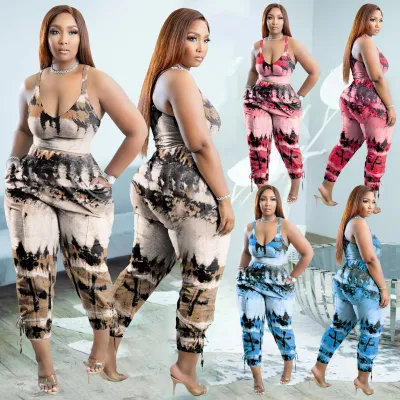 Women's Fashion Sexy Suspender V-Neck Petal Positioning Print Trousers Two-piece Set