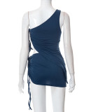 Women's Summer Solid Color One Shoulder Vest Drawstring Irregular Short Skirt Suit Women