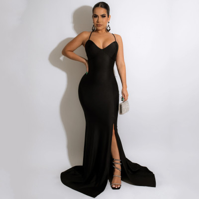 Summer Women's Sexy Strap Solid V-neck Halter Lace-up Backless Party Evening Dress