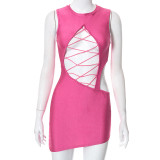 Summer Solid Sleeveless Hollow Out Bandage Bodycon Mini Dress