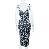 Spring/Summer Chic Print Sling Dress Low Back Slit Mid Waist Slim Dress
