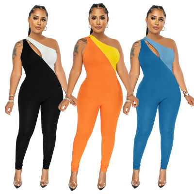 Women Summer One Shoulder Hollow Colorblock Jumpsuit