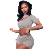 Women Summer Ruffle Short Sleeve Edge Crop Top And Lace-Up Solid Shorts Two Piece Set