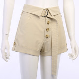 Summer Solid Straight Slim Fit Belt Loose Shorts Casual High Waist Outdoor Wear Women Pants