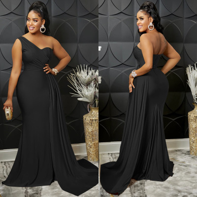 Women Fashion Solid Party One Shoulder Sleeve Dress Long Dress