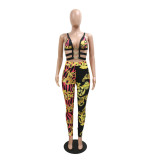 Women Stylish Casual Strap Decorative Buckle Print Crop Top And Pant Two Piece