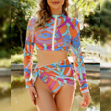 Women Printed Bikini Long Sleeve Zip Swimsuit Three Piece