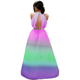 Women Summer Gradient Pleated Sleeveless Maxi Dress