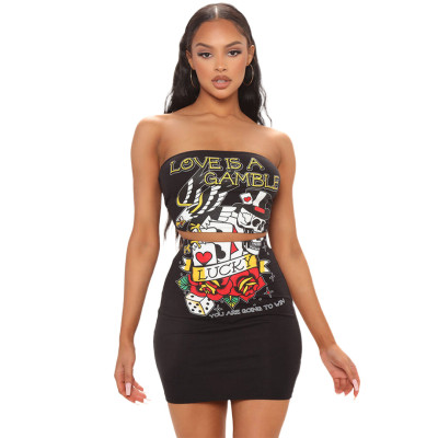 Women's nightclub clothes sexy strapless wrap chest positioning printing two-piece skirt set