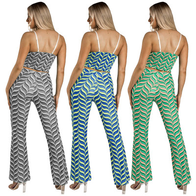 Women's Fashion Print Straps Backless Top Flared Pants Casual Two Piece Set