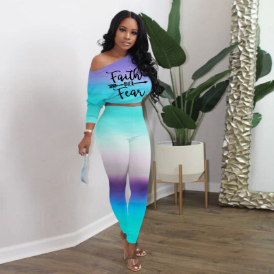 2022 popular sexy Casual Slash Shoulder gradient high-waist two piece pants set