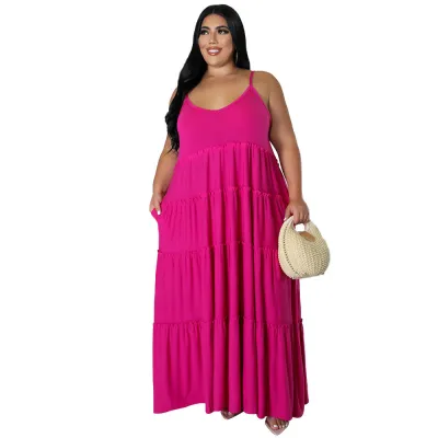 Plus Size Women's Summer Straps Solid Color Sexy Maxi Long Dress