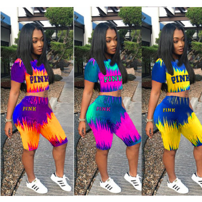 summer women's multicolor print letter two-piece shorts suit