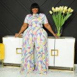 Plus Size Women Printed Top And Wide Leg Pant Casual Two Piece Set