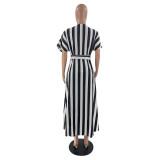 Women Striped Print V-Neck Shirt Dress