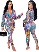 Women's Sexy Print Long Sleeve Shirt Tight Fitting Casual Two Piece Pants Set