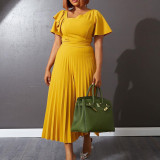 Plus Size Women Ruffle Short Sleeve Sloping Shoulder Elegant Pleated Dress