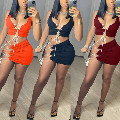 Summer women's solid color lace-up sleeveless sexy two-piece skirt set
