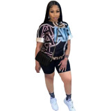 Women's Summer Fashion Casual Short Sleeve Positioning Print T-shit Shorts Two Piece Set