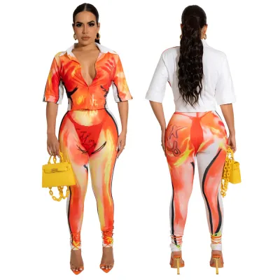 Sexy V-Neck Slim Top Pencil Pants Digital Printing Two-Piece Set
