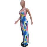 Women's Tie Dye Print Sling Low Back Slit Dress