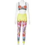 Women's Summer Starfish Print Sleeveless Sling T-Shirt High Waist Tight Fitting Pant Set