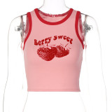 Summer Vintage Strawberry Print Cropped Sleeveless Tank Top