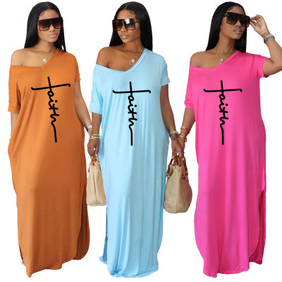 Women's Summer Letter Print V-Neck Loose Maxi Dress