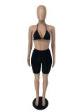 Women's Fashion Simple Solid Halter Neck Bra Tank Shorts Two Piece Set