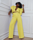 Sexy Solid Linen Ruffle Sleeve Chic Two Piece Pant Suit