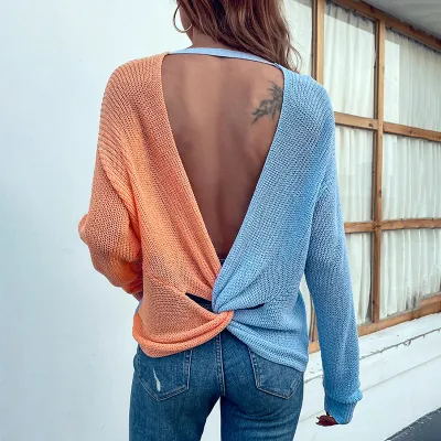 Summer women's knitting shirt v-neck contrast color Low Back sexy women sweater