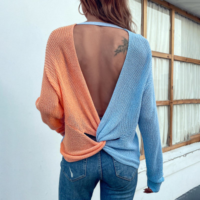 Summer women's knitting shirt v-neck contrast color Low Back sexy women sweater