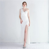 Women Fitted One Shoulder Long Mermaid Dress Exhibition Evening Dress